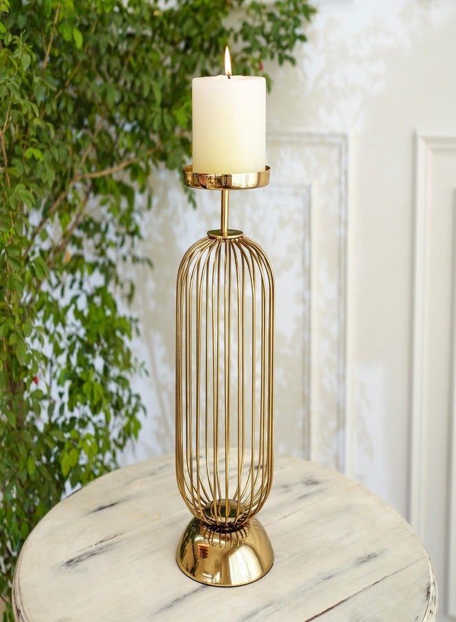 Behoma Metal Candle Holder Stand with Gold Finish | Decorative Pillar Candle Stand for Home, Living Room, Table Centerpiece, Modern Vintage Decor (12 Inch, Large, Candle is not Included) - Image 1